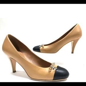 Chanel Leather Cap Toe Chain Accent Pumps